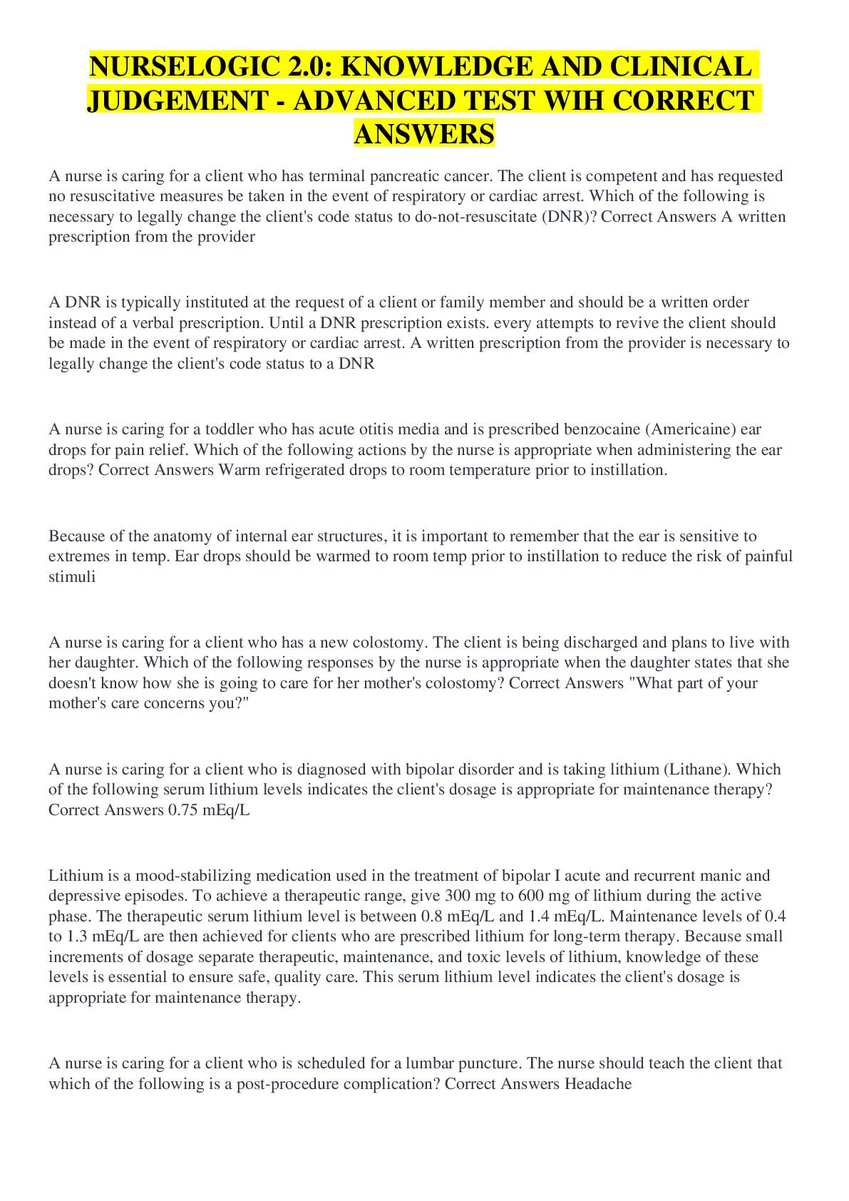 Preview image for NURSELOGIC 2.0: KNOWLEDGE AND CLINICAL JUDGEMENT - ADVANCED TEST WIH CORRECT ANSWERS
